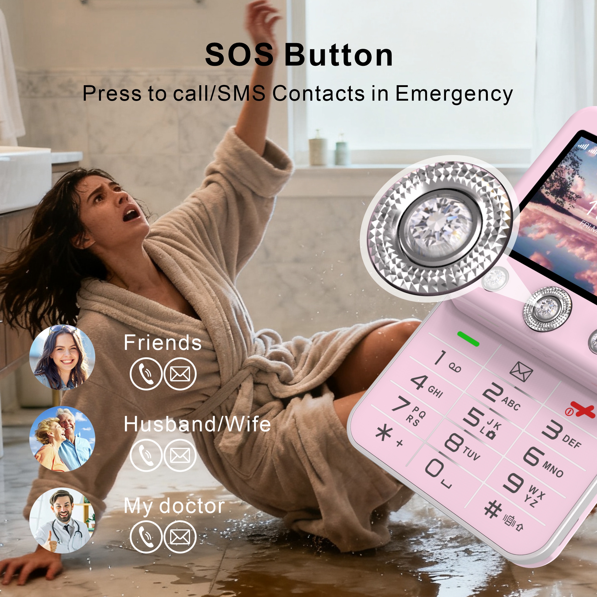 Onestyle Diamond Design-Mobiltelefon mit Social-Media Funktionen, 4G, Dual-SIM , pink